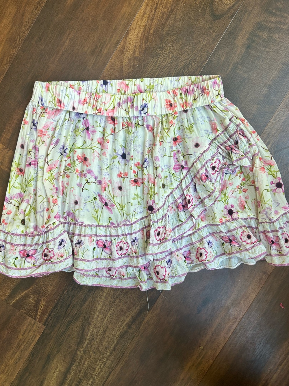 TAJ by Sabrina Crippa Floral Tiered Skirt in White with Pink & Green Accents